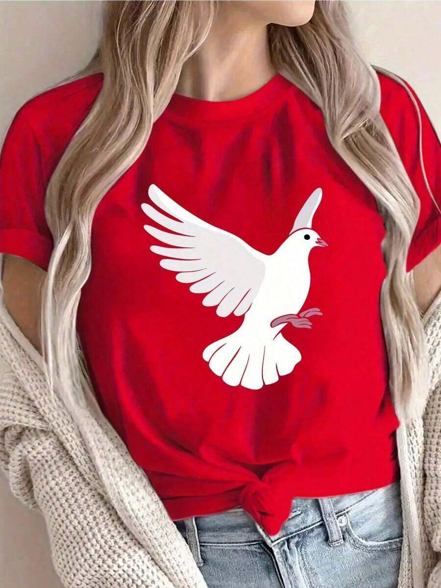 Women's Fashion Graphic Print Short Sleeve Tee, 100% Premium Cotton, Minimalist Flying White Dove Design, Casual Religious Style, Loose And Comfortable Fit, Ideal For Everyday Wear, Congregations, And Gifts For Believers. Cozy Soft Simple Everyday Wear Short Sleeve Top - 紅色 - 查看 1