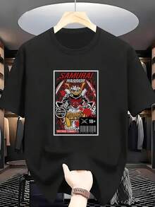Men's T-Shirts Size% Samurai Warrior Print Crew Neck Short Sleeve Retro Comic Style T-Shirt Limited Edition 18+ Comfortable Casual Short Sleeve Summer T-Shirt - 黑色 - 查看 1