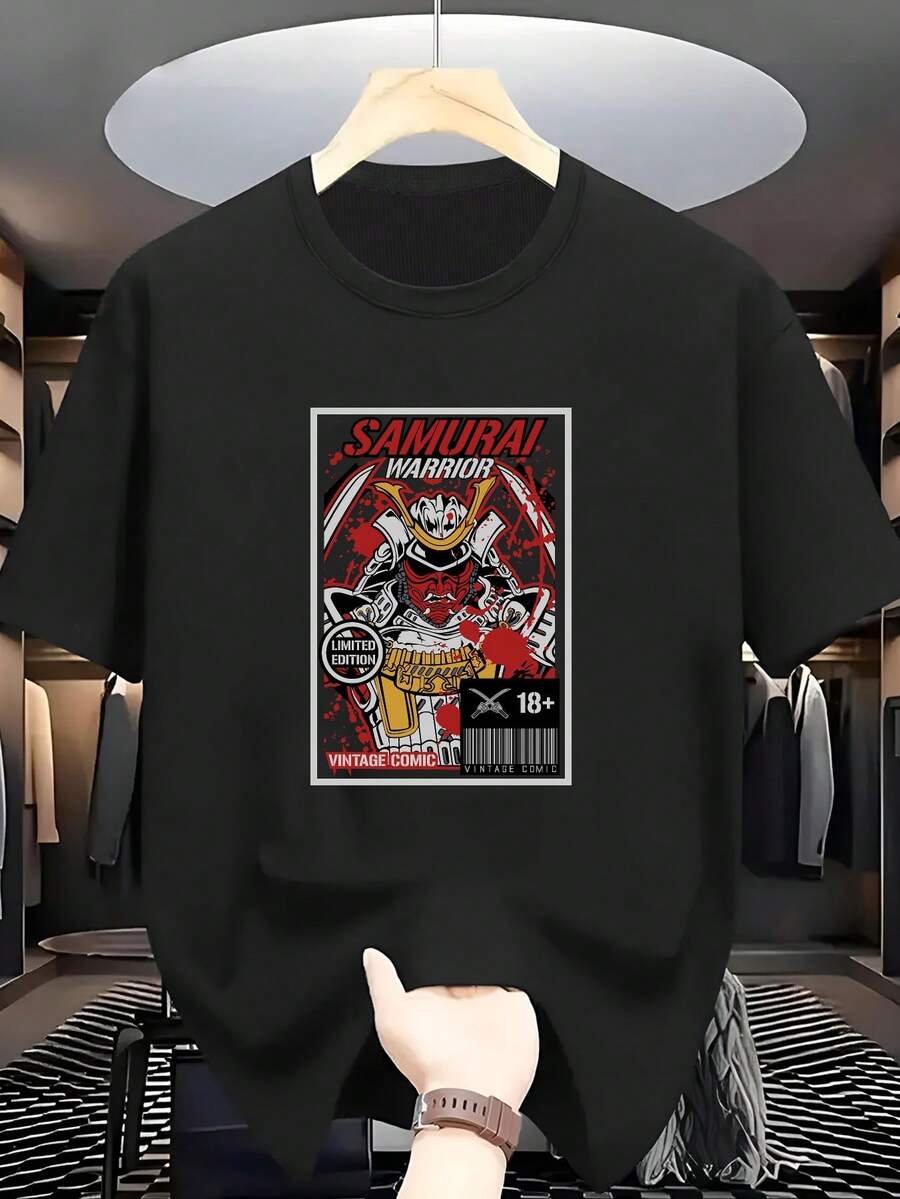 Men's T-Shirts Size% Samurai Warrior Print Crew Neck Short Sleeve Retro Comic Style T-Shirt Limited Edition 18+ Comfortable Casual Short Sleeve Summer T-Shirt - 黑色 - 查看 1