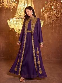SUPGIR Women's Long Sleeve Applique Belt Sequin Chiffon Dress - Purple - View 4