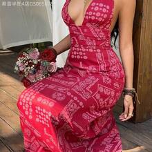 Fengyu Women's Clothing Store  Vestido vintage de ajuste ceñido con escote en V profundo, espalda descubierta y cintura con lazo, con estampado de flores de anacardo rojo, adecuado para vacaciones en la playa - Azul marino - Ver 6