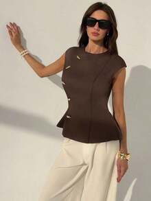 AYYAloruh Blazer de mujer minimalista de oficina/viaje con cuello redondo, sin mangas, cintura ceñida y decoración metálica, para primavera/veranoAYY - Marrón - Ver 7