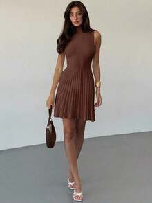 AYYAloruh Vestido de punto acanalado de línea A sin mangas con cuello mínimo para mujerAYY - Café integral - Ver 3