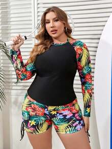 Swim SPRTY Bikini De Manga Larga Estampado Floral Con Cuello Redondo Y Talla Grande - Multicolor - Ver 3