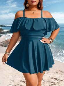 Swim Lushoire Parte superior de tankini de vacaciones con volantes en los hombros para mujer de talla grande, de unicolor - Agua verde azul - Ver 3