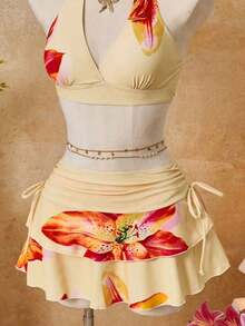 Bellisia Conjunto de 3 piezas con top de bikini triangular con cuello de halter naranja y falda a juego, para playa/resort - Multicolor 4 - Ver 8