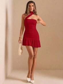 Vestido mini con volantes en el bajo, sin tirantes, de color amarillo sólido - Rojo - Ver 3