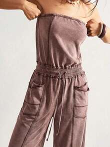 SUN Women's Knit Jumpsuit With Pockets And Adjustable Drawstring - 鏽棕色 - 查看 4