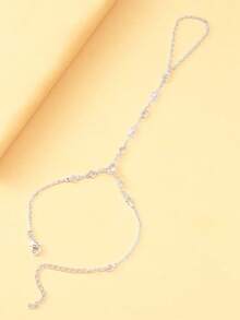 STONEFANS 1pc Gold Color Rhinestone Decor Finger Hand Chain, Fashionable Elegant Bridal Jewelry For Women - Silver - View 3
