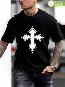 Men's T-Shirt, White Cross Print, Black Short Sleeve, Casual Everyday Wear, Going Out, Religious Inspired Fashion, For Stylish Men, Men's Clothing, Couples, National Shipping, Gift For Men, Oversized Men's. - 黑色 - 查看 1