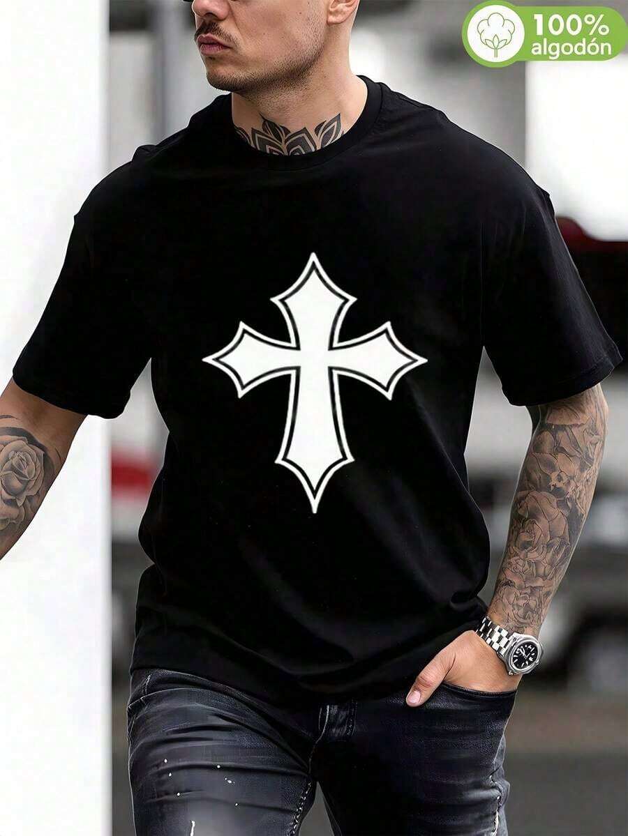 Men's T-Shirt, White Cross Print, Black Short Sleeve, Casual Everyday Wear, Going Out, Religious Inspired Fashion, For Stylish Men, Men's Clothing, Couples, National Shipping, Gift For Men, Oversized Men's. - 黑色 - 查看 1