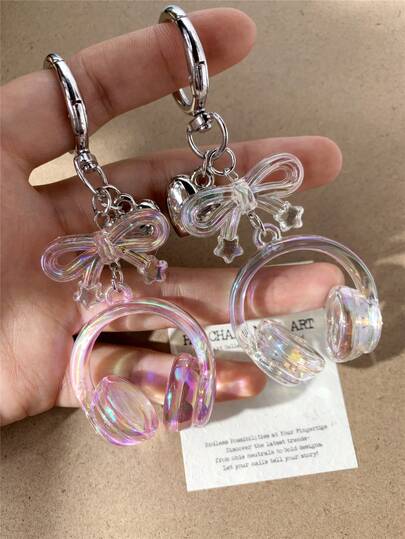 1/2pcs Cute & Delicate Transparent Colorful Bow Headphone Keychain, ABS Silver Heart Accent, Accessories For Women & Students, Headphone Case, Car Decor, Lovely Keychain Pendant, Bag Charm, Music Lover Accessory