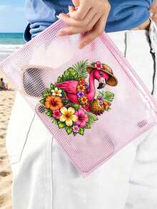 Waterproof Fashion Beach Bag. Printed With Flamingo And Flower Patterns, This Large Capacity Transparent Cosmetic Bag Features A Nylon Zipper, Lightweight And Portable, Perfect For Spring And Summer Storage. Durable And Suitable For Swimming, Beach, Diving And Summer Travel. Lightweight And Sun-Protective, It's The Perfect Back-To-School Essential Bag For Students. - Multicolor - View 2