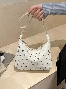 Bolso de hombro minimalista con estampado de corazones en todo el diseño - Beis - Ver 3