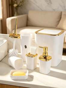 6pcs Gold Plated Luxury Bathroom Set, Trash Can, Toilet Brush, Soap Dish, Soap Dispenser, Mouthwash Cup, Dispenser Cup - Multicolor - View 1