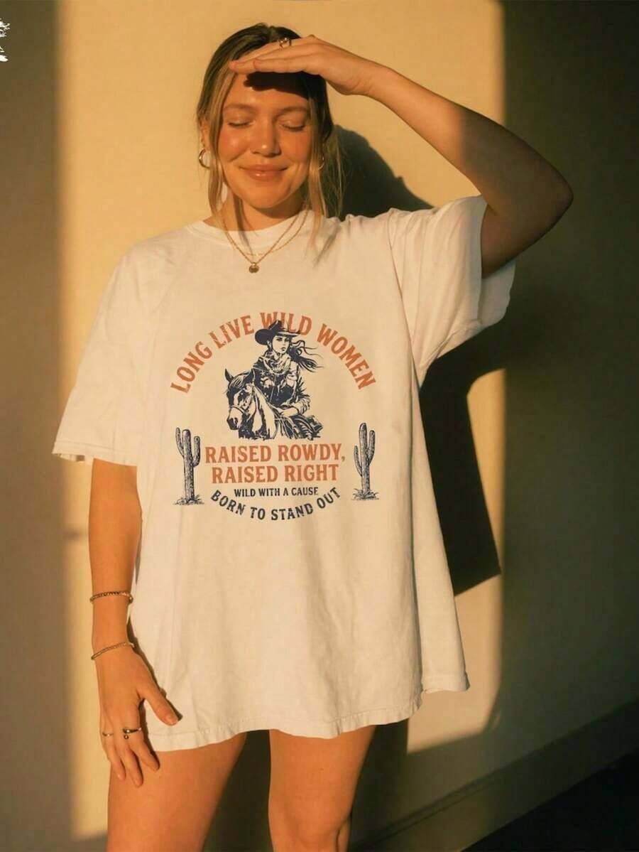 1 Oversized T-Shirt With A Large Print, White T-Shirt With A "Rockin' Around The Christmas Tree" Design, Country-Style Christmas T-Shirt, Retro Western Christmas T-Shirt, Cowboy-Style Family T-Shirt, Comfortable, Crew Neck, Versatile, Perfect For Outdoor Activities. Cotton T-Shirt. - 白色 - 查看 1