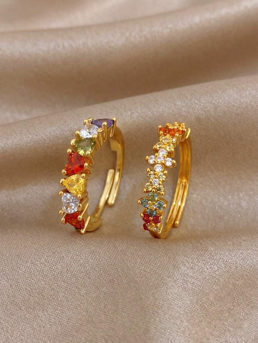 18K Gold Plated Colorful Zirconia Heart-Shaped Inlaid Ring, Women's Heart-Shaped Ring, Floral Ring, Gold-Plated Ring. Suitable For Daily Wear, Dating, Party, Vacation, Graduation Season, Easter, Birthday Gift, Summer Accessories, Girlfriend Gift, Valentine's Day Gift, And Bohemian Style Jewelry - Multicolor - View 1