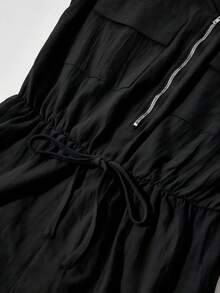 Casual Jumpsuit With Center Metal Zipper, Elastic Waist, Easy, Versatile, Basic, Comfortable, Vacation Style, Women's Jumpsuit With V-Neck, Solid Color Zip-Up Top And Shorts - 黑色 - 查看 5