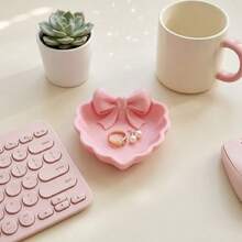 3D Printed Heart-Shaped Jewelry Tray With Pink Bow, Suitable For Vanity, Sinkside Or Jewelry Storage. A Great Home Decor, Desk Accessory And Jewelry Organizer - Multicolor - View 3