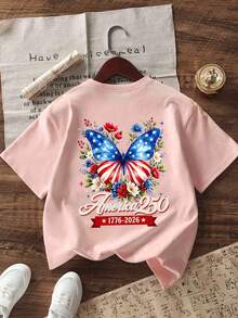 Tween Girls' Casual Funny Print Crew Neck Short Sleeve T-Shirt, Summer Top - Pink - View 5