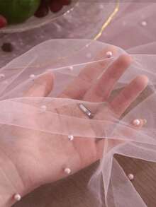 1件裝仿珍珠裝飾桌旗，粉色珍珠雪紡桌布，適用婚禮、婚禮拱門裝飾、新娘派對、派對裝飾、椅背帶、活動背景、聖誕節、婚禮裝飾，鏤空網格布料，情人節（珍珠顏色可能有所不同，隨機發貨） - 粉色 - 查看 7