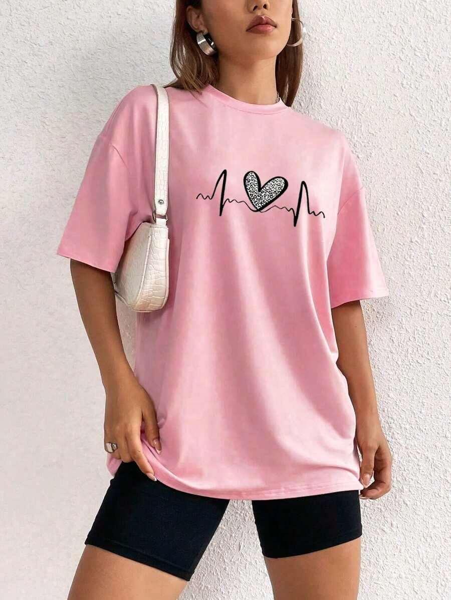 The Hottest Item Of The Summer: Pure Cotton T-Shirt, Crew Neck T-Shirt With Heart Print, Graphic Tees With Cheetah Print For Women, Stylish Pure Cotton T-Shirt. Stylish, Popular, Party T-Shirt. - 粉色 - 查看 1