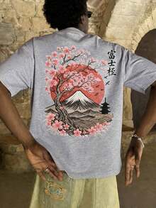 The Hottest Item Of The Summer: Men's Short-Sleeved Crew Neck T-Shirt With Embroidered Sakura And Mountain Print, Minimalist Summer Fashion. | Basic Casual Urban Style T-Shirt, Boyfriend Gift, Stylish, Popular, Party T-Shirt. - 灰色 - 查看 2