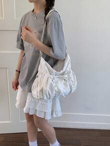 Gray Polka Dot Drawstring Bow Decor Ruffle Cloud Shoulder Bag, Large Capacity Crossbody Bag For Women - White - View 6