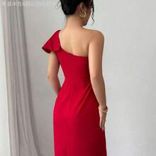Fengyu Women's Clothing Store  Vestido mini ajustado con hombro asimétrico sexy para mujer - Verde Oscuro - Ver 3