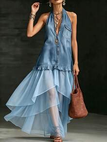 Vintage Halter Neck Faux Denim Sleeveless Shirt Dress With Mesh Splicing And Irregular Hem For A Resort Look - Light Blue - View 7