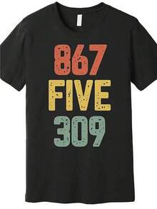 Men's Vintage 80s Retro Music Graphic Tee - 8675 FIVE 309 Distressed Typography, Unisex Regular Fit 100% Cotton T-Shirt, Classic All-Season Black Comfort, Nostalgic Gift For Family, Retro Tee - 黑色 - 查看 1