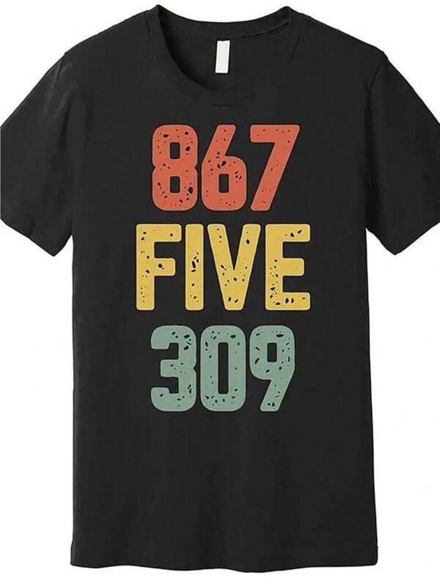 Men's Vintage 80s Retro Music Graphic Tee - 8675 FIVE 309 Distressed Typography, Unisex Regular Fit 100% Cotton T-Shirt, Classic All-Season Black Comfort, Nostalgic Gift For Family, Retro Tee - 黑色 - 查看 1