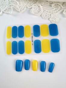 1 Sheet Retro Blue & Yellow Color Block Nail Stickers, Muted Blue And Bright Mustard Yellow Color Combination Design, Full Coverage Nail Stickers With Effortless American Vintage Vibe, Suitable For Creating INS, Y2K Baddie Nails For Music Festivals, Street Style, And Vacation - Multicolor - View 9