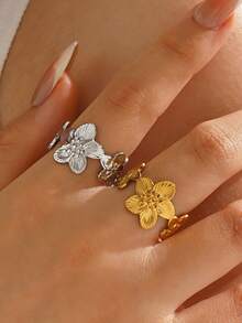 1pc 18K Gold Plated Stainless Steel Minimalist Floral Ring, Fashionable For Daily Wear And Parties - Multicolor - View 1
