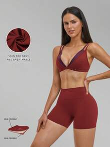 MFVIM Women's Nude Feel Triangle Cup Bra Thin Non-Wired Sports Set Backless Spaghetti Strap Fitness 2-Piece Set - Burgundy - View 5