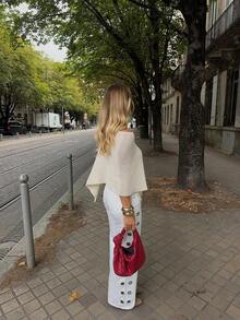 Women's Casual Vacation Style Solid Color Asymmetrical Neck Batwing Sleeve Loose Sweater, Spring/Autumn Summer - Beige Color - View 10