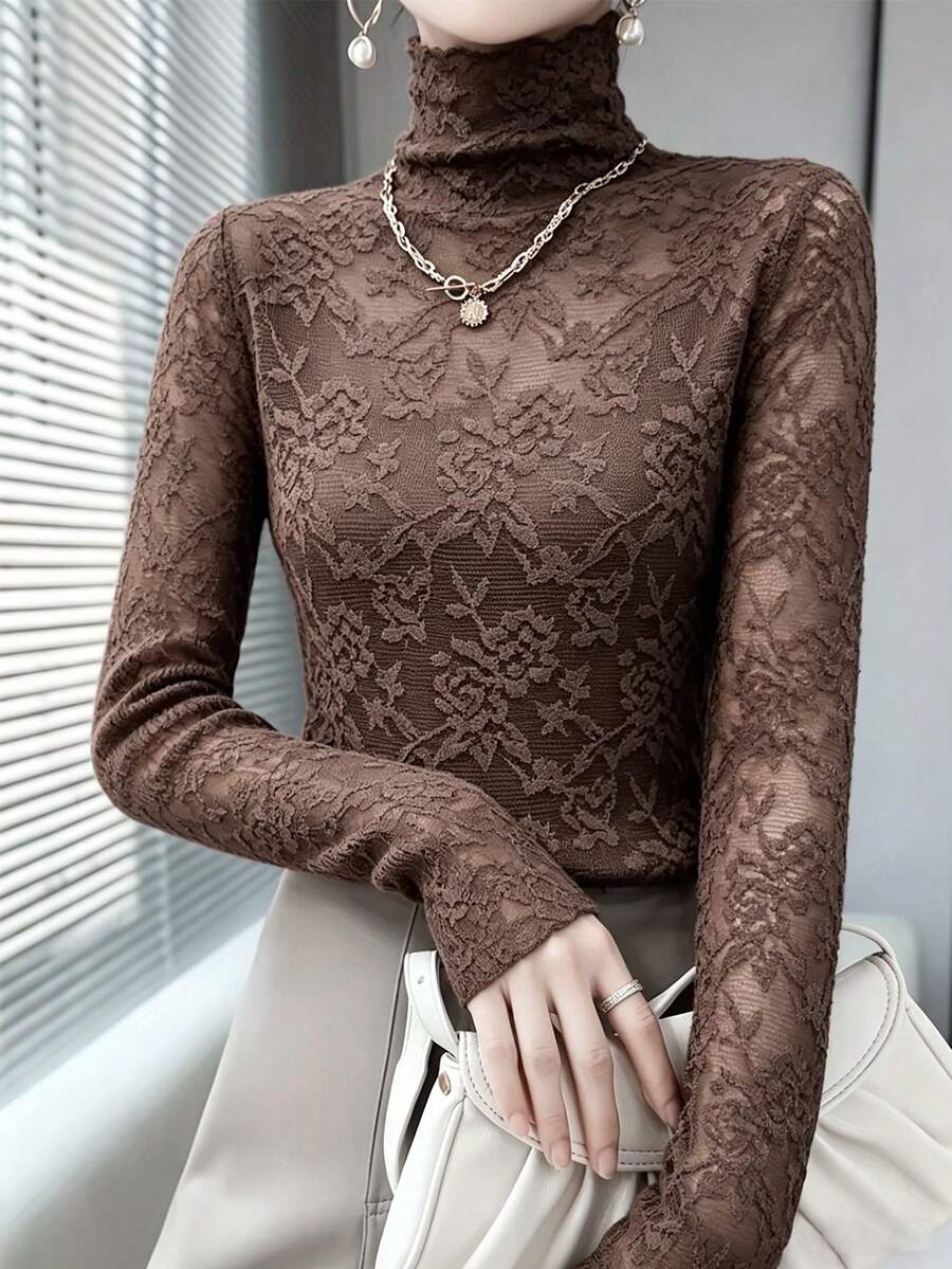 Plus Size Women's Brown Lace Knit Top, Long Regular Sleeve, Fitted Sheer Fuzzy Square Neck Collar Blouse, Suitable For Autumn Fall - Coffee Brown - View 1