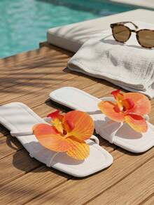 Sandálias Escorregadias Elegantes de Veludo Macio e Confortável para Férias Casuais na Praia, de Cor Sólida e Bico Quadrado, para Mulheres, Verão - Pêssego - Visão 7