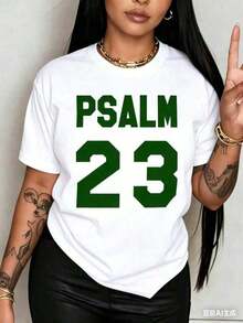Women's Short-Sleeve Holiday Set - Breathable Christian T-Shirt With Psalm 23 Bible Verse Print, Crew Neck, Short Sleeve, Lightweight, White With Green Text, For Casual Home Wear, Washable, Fashionable And Comfortable Summer Holiday Top, 100% Cotton - 白色的 - 查看 3