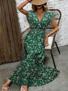 Vestido estilo bohemio con estampado para mujer, mangas cortas con volantes, cuello en V, diseño de cintura ceñida - Rojo - Ver 10
