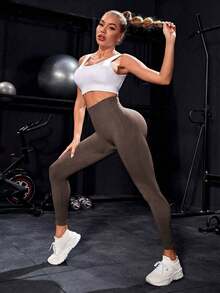 SUN Women's Seamless Sports Leggings, Fitted, For Yoga, Fitness And Outdoor Running - 咖啡棕 - 查看 6