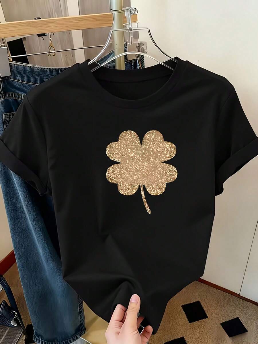 Women's Summer Clothing With A Shiny Gold Four-Leaf Clover Pattern, New Women's Short-Sleeved T-Shirt, Casual And Elegant Printed T-Shirt, Stylish Women's Clothing - 黑色 - 查看 1