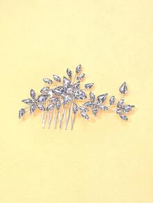 outingfit 1件裝奢華花卉鋯石髮梳，時尚新娘髮飾，婚禮髮型裝飾，側梳 - 銀色 - 查看 2