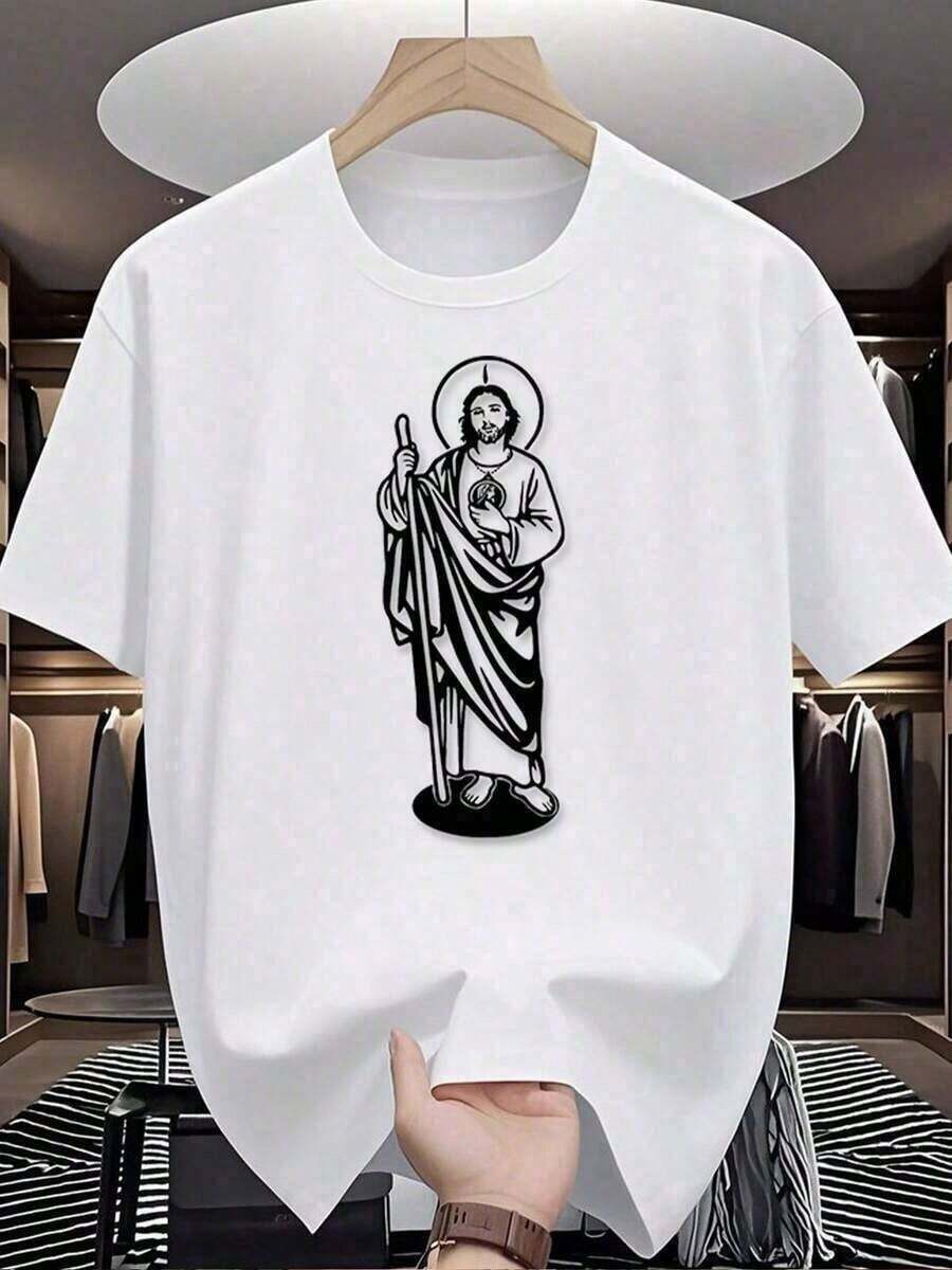 Local Warehouse, Men's T-Shirts, Men's Shirts, Men's Clothing, Men's Cotton T-Shirts, Tadeo 180g Black And White Cotton T-Shirt, Religious Print Design, High Quality Cotton Print, Crew Neck, Relaxed Fit, Unisex, Breathable, Versatile, Machine Washable, Comfortable, Sizes S ~ 3XL, Daily Wear, Casual, Sporty, Summer Essential - 白色 - 查看 1