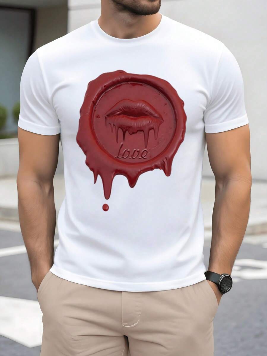 Red Seal Shaped Like Dripping Lips, Evoking Passion, Desire, And Inner Strength, Symbolizing Burning Love And Personal Authenticity With A Modern And Attractive Touch. Comfortable Casual Men's T-Shirt For Everyday Wear, Stylish And Eye-Catching. - 白色 - 查看 1