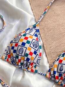 Ensemble de bikini 2 pièces pour femme à bretelles spaghetti avec imprimé d'été et nœud, ensemble de maillot de bain élégant et décontracté à la mode, convient pour les vacances à la plage et les fêtes - Multicolore - Voir 4