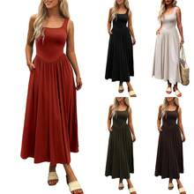 Women's Square Neck Sleeveless A-Line Maxi Dress, Casual Solid Color Pleated Waist Long Dress, 2026 Summer Basic Dress With Pocket - 玫紅色 - 查看 2