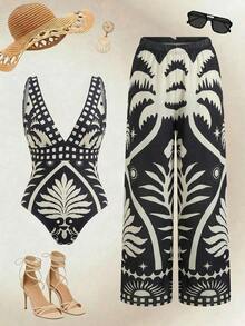 Swim Oasis Conjunto de traje de baño de una pieza con estampado floral elegante de cuello en V profundo y pantalón de cobertura para mujer, colección Primavera/Verano - Multicolor 3 - Ver 7