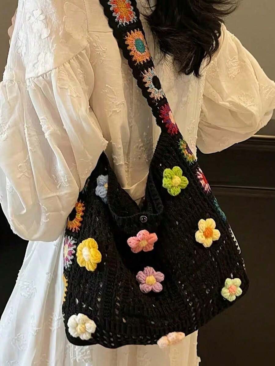 復古鏤空花卉斜挎包(花色位置隨機)沙灘包,波希米亞編織包,休閒配件,適合夏季度假與日常使用 - 彩色 - 查看 1