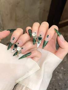 10PCS Móng tay giả dán thủ công dáng dài nhọn Stiletto cho tiệc và đeo hàng ngày, móng xanh, hoa trắng, mắt mèo bóng, bóng, móng mùa hè, dễ đeo 10pcs móng tay giả dán thủ công Y2K, phù hợp cho nữ giới và phụ nữ lễ hội tiệc và đeo hàng ngày. - màu xanh lá - Xem 4